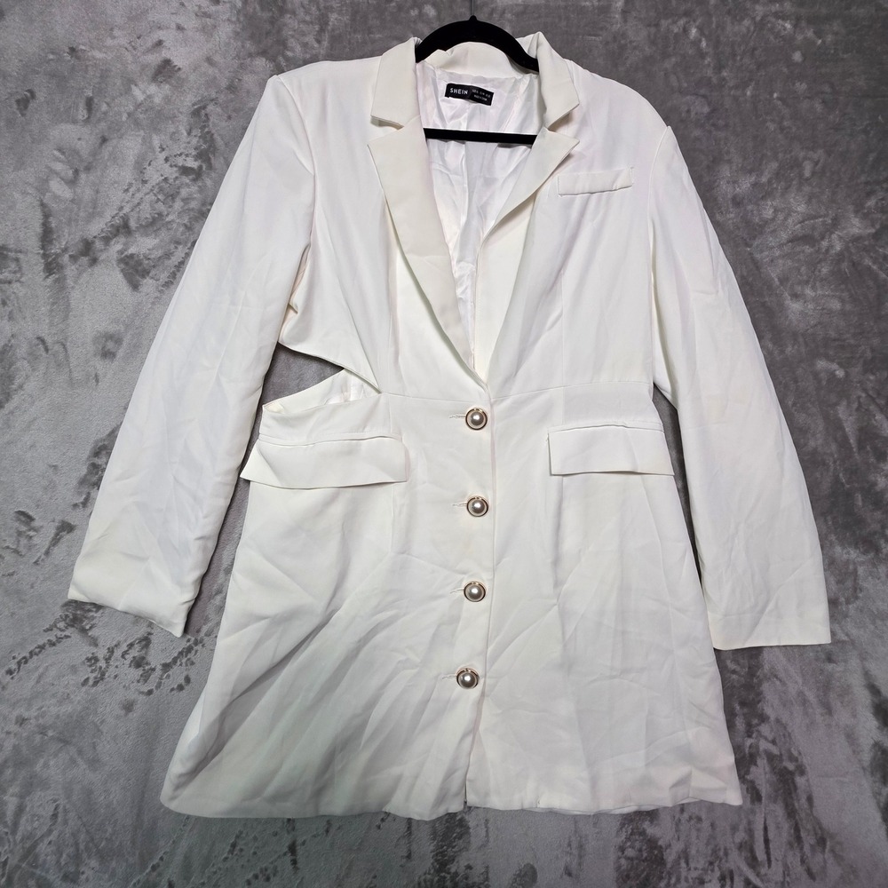 SHEIN White Cutout Blazer Dress Faux Pearl Button Mini XL swblazer07210607291
